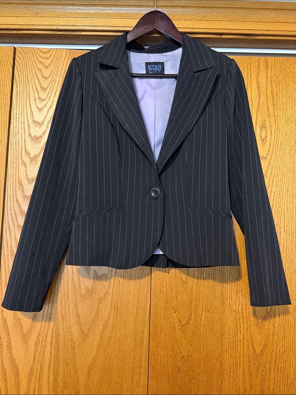 Star City Women's Black Pinstripe Double -Button Blazer